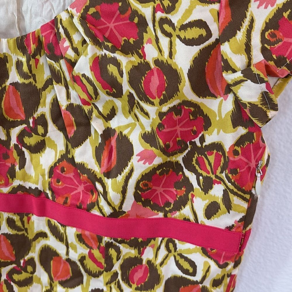 Boden Floral Pink Green Empire Waist Cotton Sheath Dress Cap Sleeves Size US 8R - Picture 4 of 10